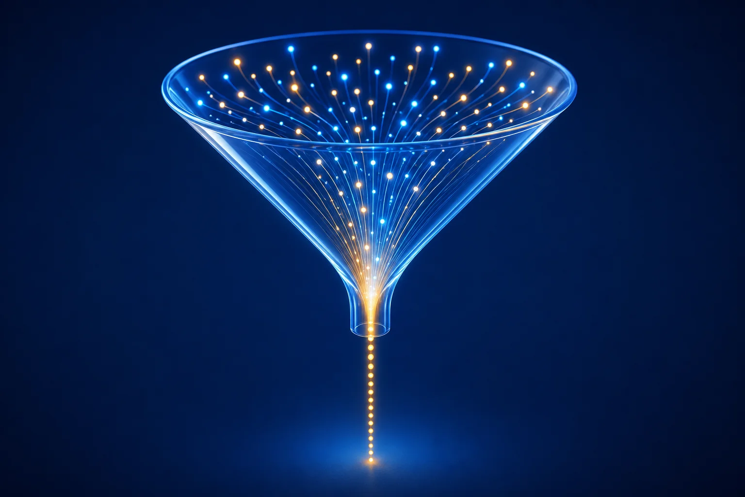 A funnel of light channeling scattered glowing dots into one ordered stream, symbolizing customer feedback management that consolidates and prioritizes input.