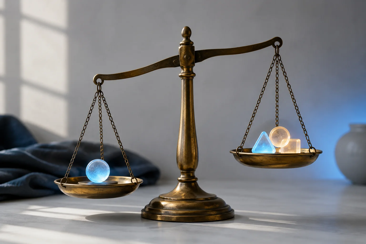 An antique brass balance scale weighing glowing tokens — a metaphor for prioritizing customer feedback by impact, effort and demand.