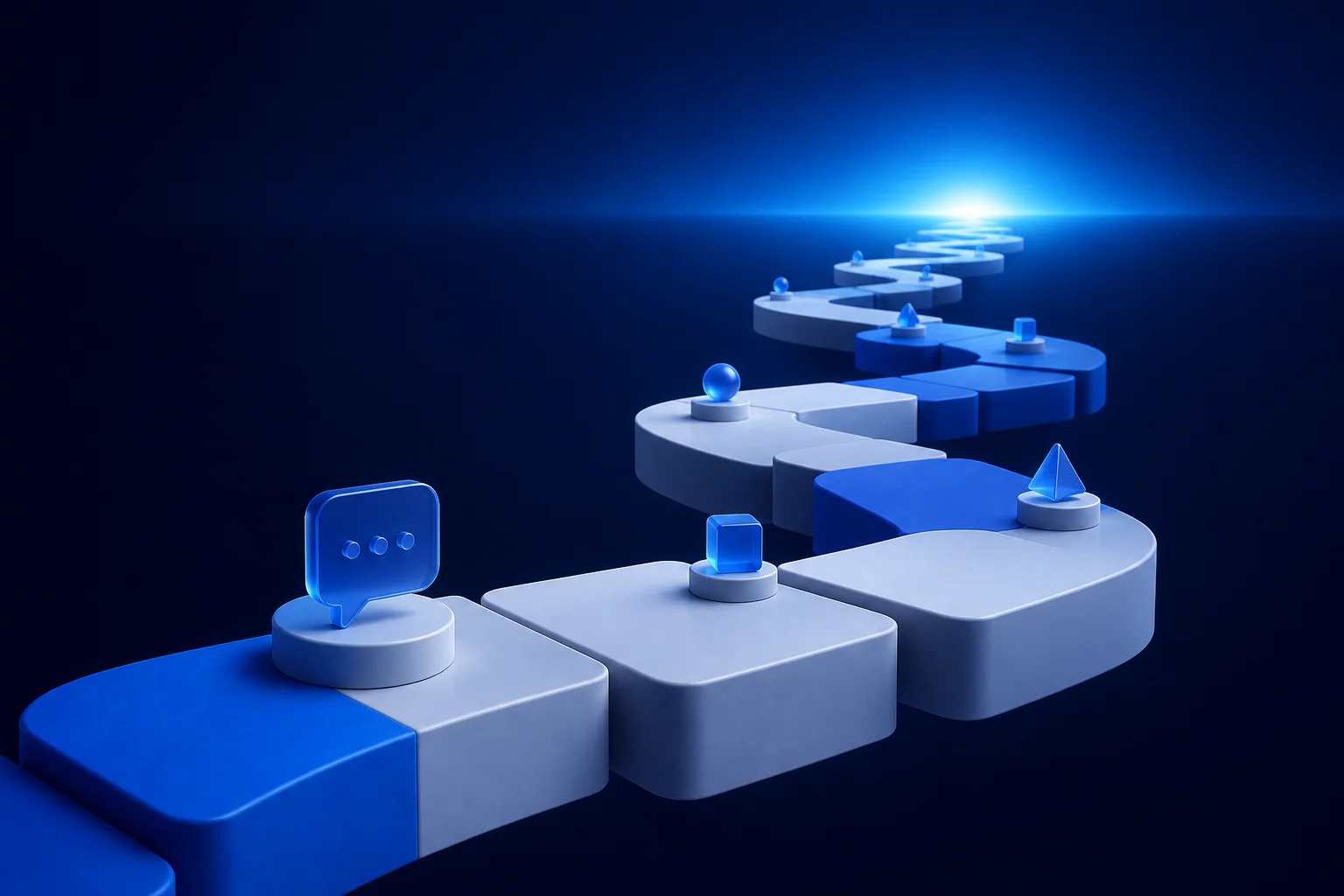 A winding path of floating blocks with glowing milestone markers on a dark-blue gradient, symbolizing a product roadmap from customer feedback.