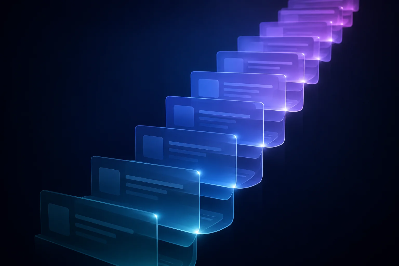Stacked translucent cards rising as a glowing timeline ribbon on a dark-blue gradient, symbolizing a public changelog of product updates.
